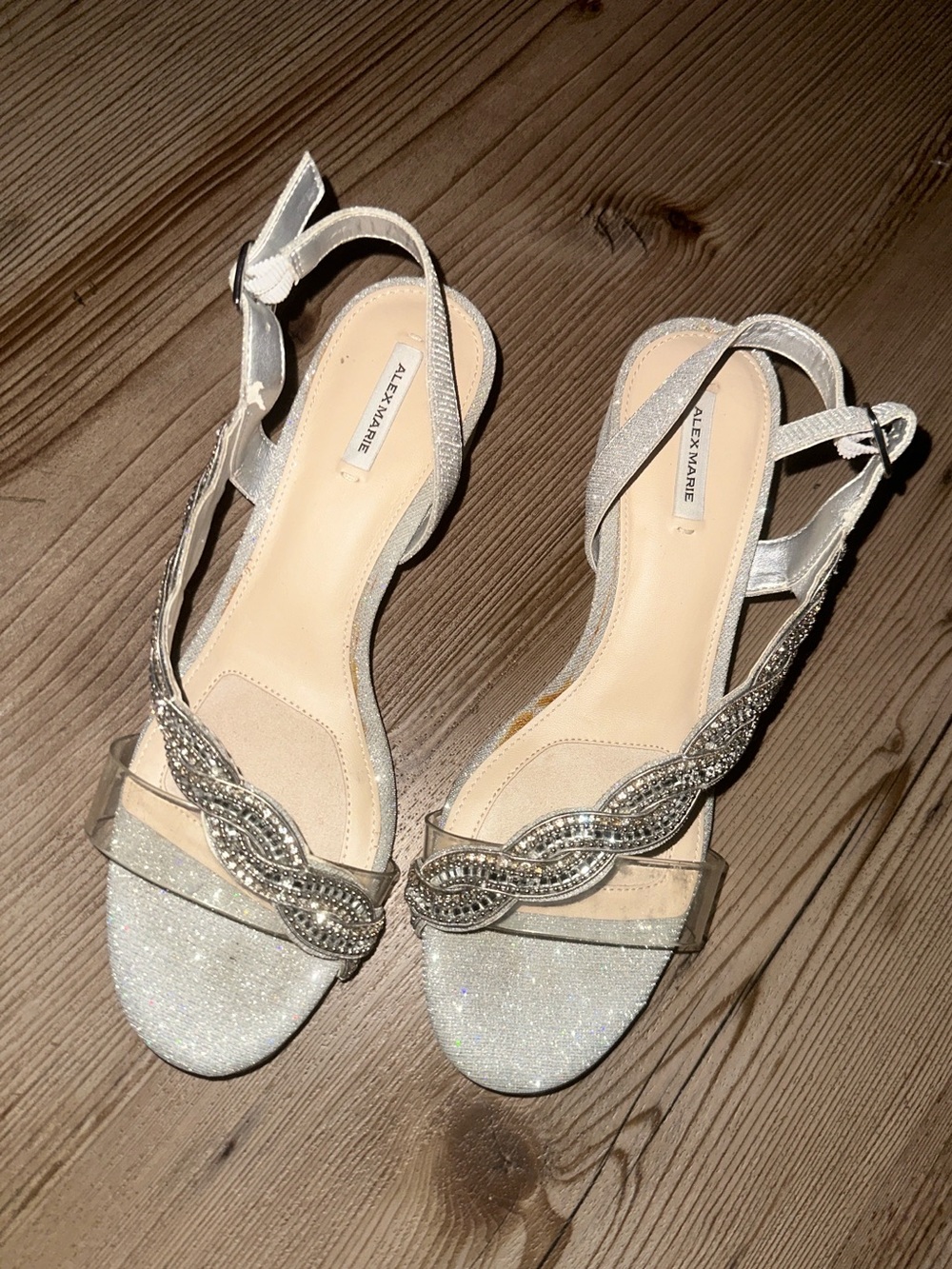 Alex Marie Silver Glitter Braided Crystal Slingback Heels